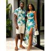 Vacation Couple Outfit Tie Dye Abstract Feather Brushstroke Print Twisted Cut Out Slit Halter Dress and Shirt Set - Turquoise Foncée S | US 4