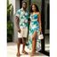 Vacation Couple Outfit Tie Dye Abstract Feather Brushstroke Print Twisted Cut Out Slit Halter Dress and Shirt Set - Turquoise Foncée S | US 4