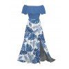 Vacation Dress Tropical Monstera Leaf Print Flounce Off the Shoulder Smocked Slit Dress - Bleu XXL | US 14
