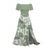Vacation Dress Tropical Monstera Leaf Print Flounce Off the Shoulder Smocked Slit Dress - Vert clair XXL | US 14