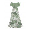 Vacation Dress Tropical Monstera Leaf Print Flounce Off the Shoulder Smocked Slit Dress - Vert clair XXL | US 14