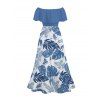 Vacation Couple Outfit Tropical Monstera Leaf Print Flounce Off the Shoulder Smocked Slit Dress and Shirt Set - Bleu S | US 4