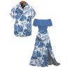 Vacation Couple Outfit Tropical Monstera Leaf Print Flounce Off the Shoulder Smocked Slit Dress and Shirt Set - Bleu S | US 4