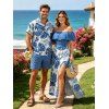 Vacation Couple Outfit Tropical Monstera Leaf Print Flounce Off the Shoulder Smocked Slit Dress and Shirt Set - Bleu S | US 4