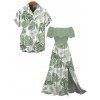 Vacation Couple Outfit Tropical Monstera Leaf Print Flounce Off the Shoulder Smocked Slit Dress and Shirt Set - Vert clair S | US 4
