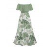 Vacation Couple Outfit Tropical Monstera Leaf Print Flounce Off the Shoulder Smocked Slit Dress and Shirt Set - Vert clair S | US 4