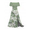 Vacation Couple Outfit Tropical Monstera Leaf Print Flounce Off the Shoulder Smocked Slit Dress and Shirt Set - Vert clair S | US 4