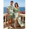 Vacation Couple Outfit Tropical Monstera Leaf Print Flounce Off the Shoulder Smocked Slit Dress and Shirt Set - Vert clair S | US 4