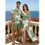 Vacation Couple Outfit Tropical Monstera Leaf Print Flounce Off the Shoulder Smocked Slit Dress and Shirt Set - Vert clair S | US 4