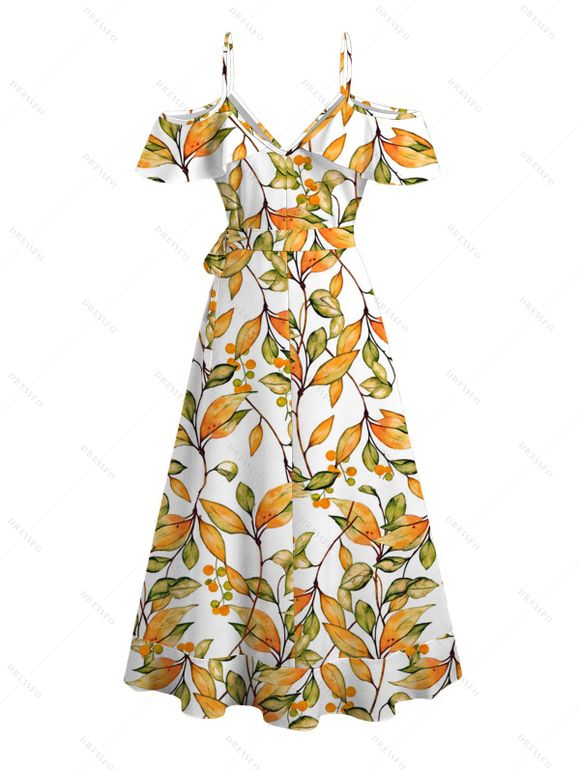 Hawaiian Vacation Dress Autumn Leaf Berry Vine Print Surplice Self-belt Cold Shoulder High Low Dress - Brun Doré XXXXXL | US 20