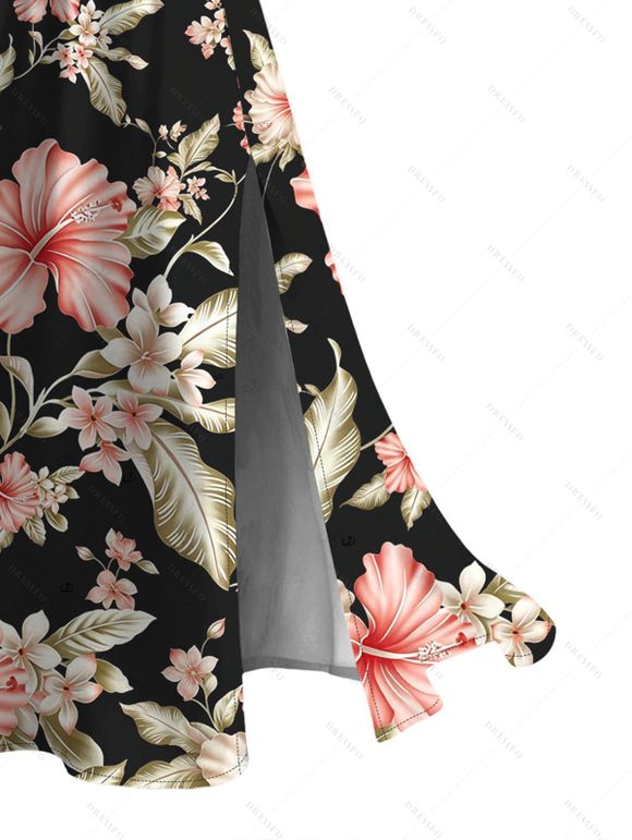 Hawaiian Vacation Dress Hibiscus Flower Leaf Print Lace Hollow Out Spaghetti Strap Slit Dress - Noir XXXXXL | US 20