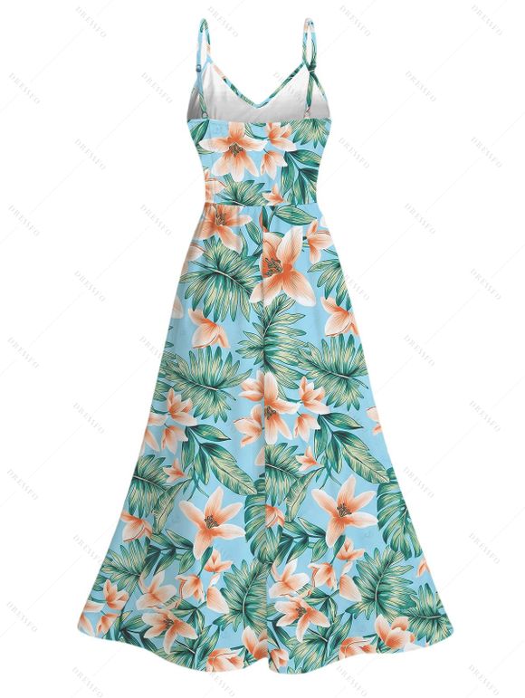Hawaiian Vacation Dress Tropical Flower Leaf Print Lace Hollow Out Spaghetti Strap Slit Dress - Turquoise XXXXXL | US 20