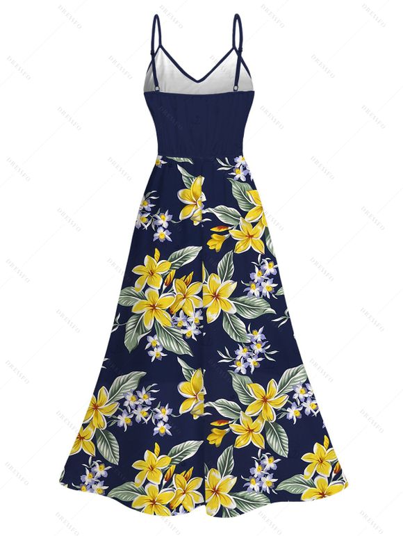 Hawaiian Vacation Dress Plumeria Floral Leaf Print Lace Hollow Out Spaghetti Strap Slit Dress - Bleu de Minuit XXXXXL | US 20