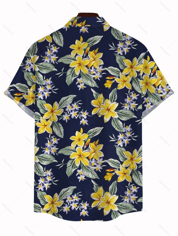 Men's Hawaiian Vacation Shirt Plumeria Floral Leaf Print Button Up Beach Shirt - Bleu de Minuit 5XL