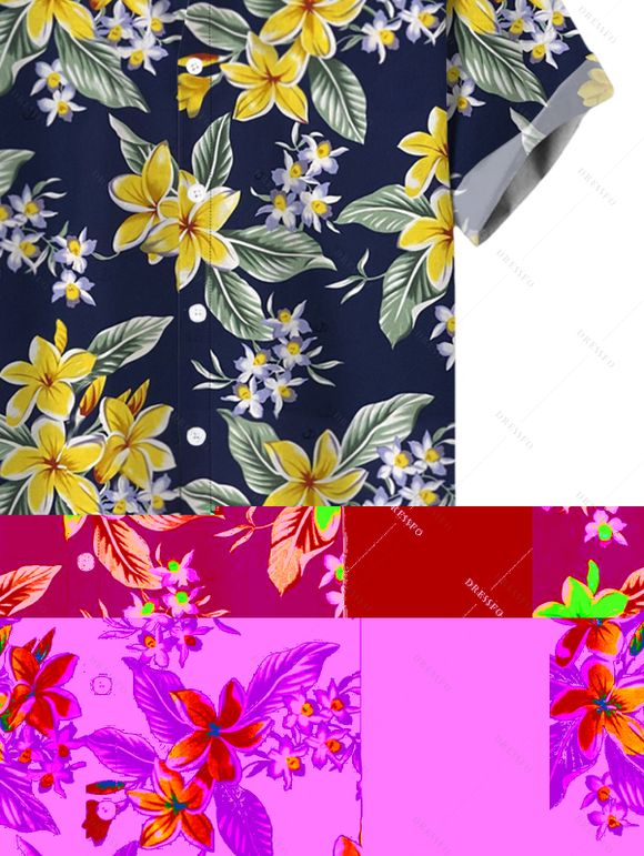 Men's Hawaiian Vacation Shirt Plumeria Floral Leaf Print Button Up Beach Shirt - Bleu de Minuit 5XL