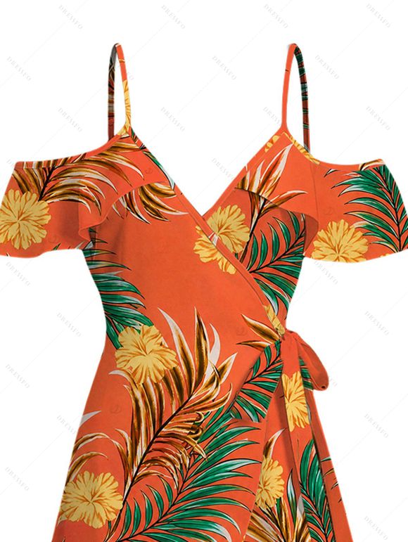 Hawaiian Vacation Dress Tropical Flower Leaf Print Self-belt Cold Shoulder High Low Wrap Dress - Orange vif XXXXXL | US 20