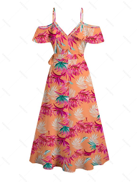 Hawaiian Vacation Dress Tropical Colored Palm Leaf Print Self-belt Cold Shoulder High Low Wrap Dress - orange clair XXXXXL | US 20
