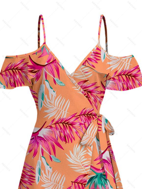 Hawaiian Vacation Dress Tropical Colored Palm Leaf Print Self-belt Cold Shoulder High Low Wrap Dress - orange clair XXXXXL | US 20