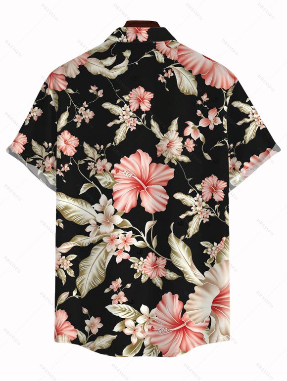 Men's Hawaiian Vacation Shirt Hibiscus Flower Leaf Print Button Up Shirt - Noir 5XL