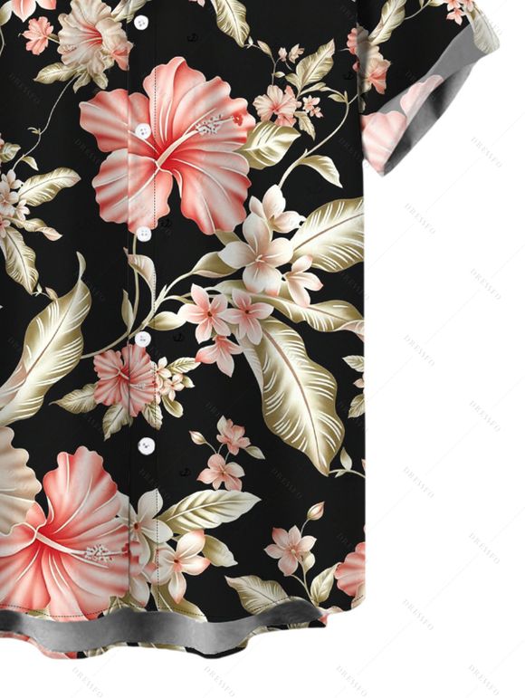 Men's Hawaiian Vacation Shirt Hibiscus Flower Leaf Print Button Up Shirt - Noir 5XL