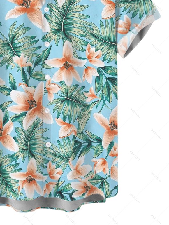 Men's Hawaiian Vacation Shirt Tropical Flower Leaf Print Button Up Beach Shirt - Turquoise 5XL