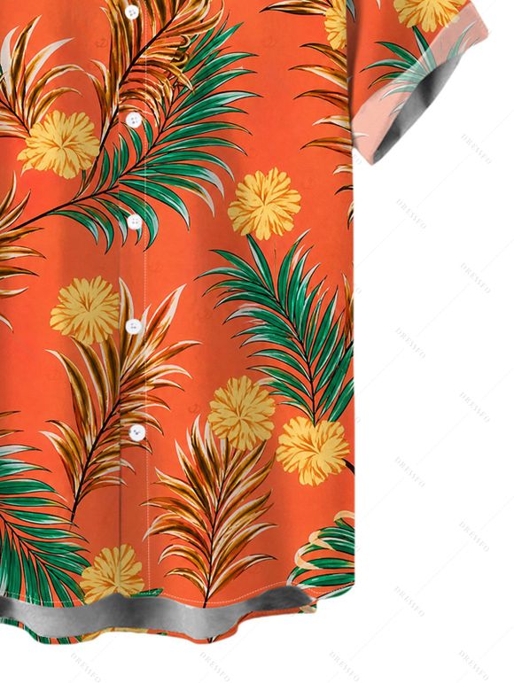 Men's Hawaiian Vacation Shirt Tropical Flower Leaf Print Button Up Shirt - Orange vif 5XL