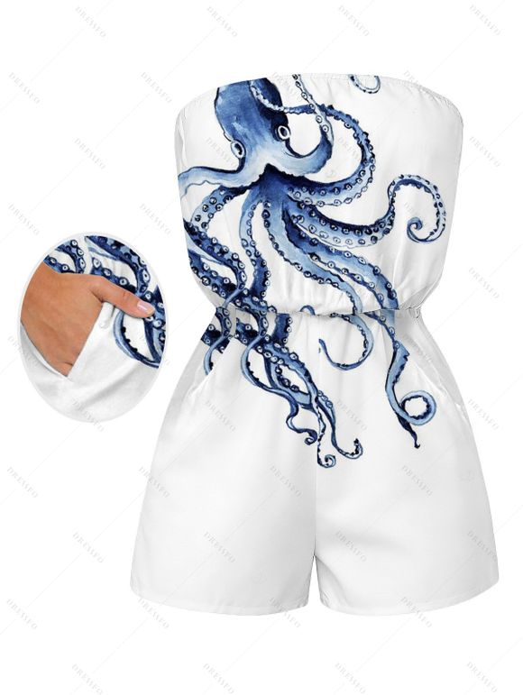 Vacation Romper Octopus Marine Life Print Pocket Off the Shoulder Romper - Blanc XXL | US 14