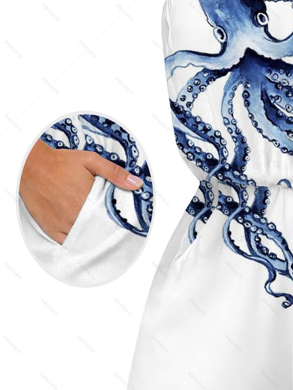 Vacation Romper Octopus Marine Life Print Pocket Off the Shoulder Romper - Blanc XXL | US 14