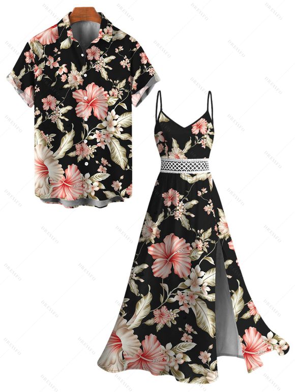 Hawaiian Vacation Couple Outfit Hibiscus Flower Leaf Print Lace Hollow Out Slit Dress and Shirt Set - Noir S | US 4