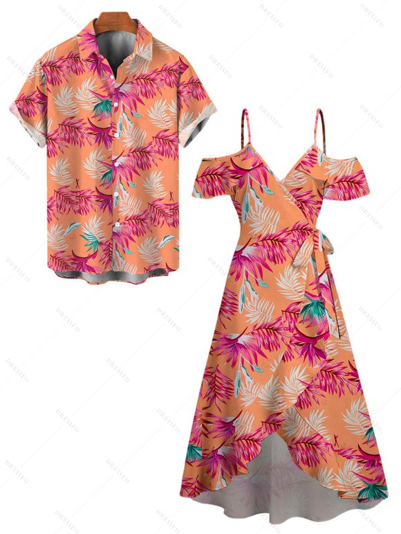 Hawaiian Vacation Couple Outfit Tropical Palm Leaf Print Self-belt Cold Shoulder High Low Dress and Shirt Set - orange clair S | US 4