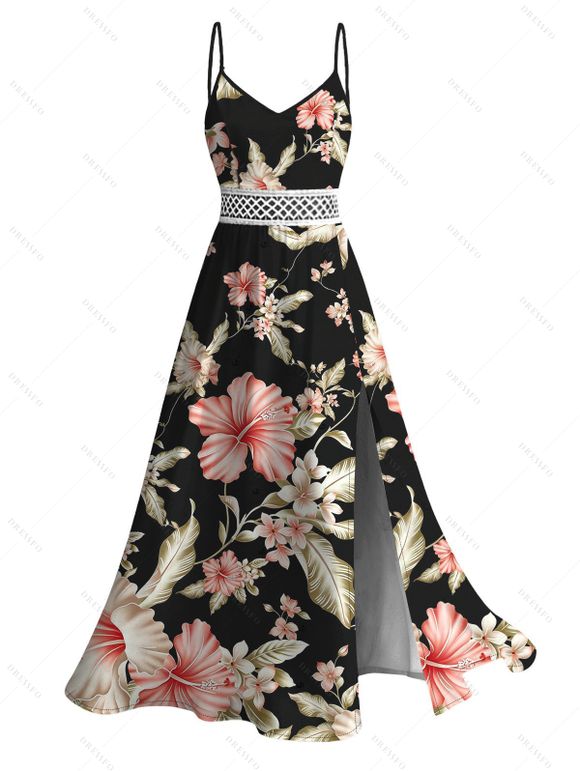 Hawaiian Vacation Couple Outfit Hibiscus Flower Leaf Print Lace Hollow Out Slit Dress and Shirt Set - Noir S | US 4