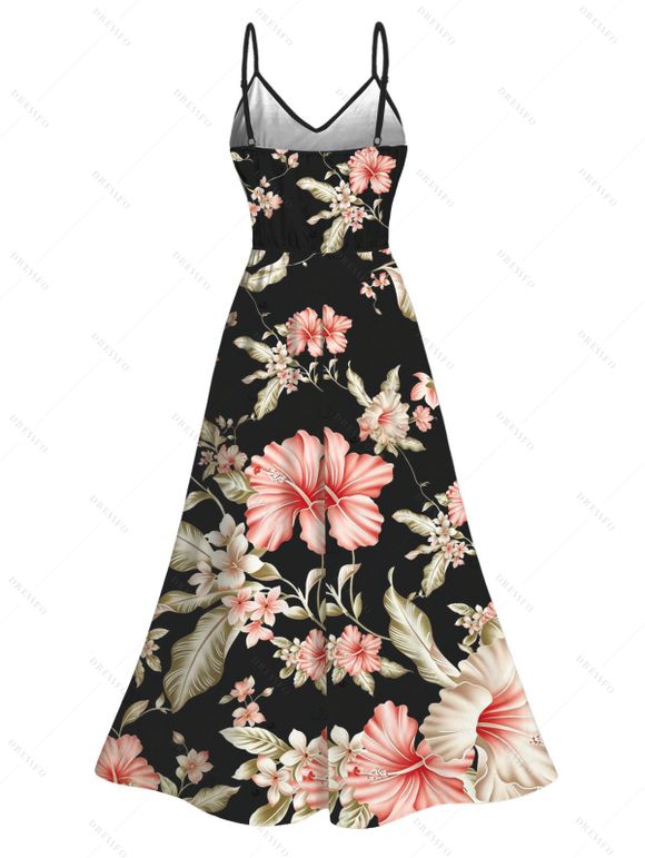 Hawaiian Vacation Couple Outfit Hibiscus Flower Leaf Print Lace Hollow Out Slit Dress and Shirt Set - Noir S | US 4