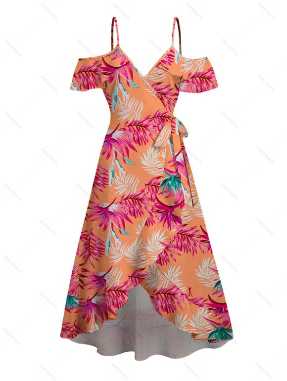 Hawaiian Vacation Couple Outfit Tropical Palm Leaf Print Self-belt Cold Shoulder High Low Dress and Shirt Set - orange clair S | US 4