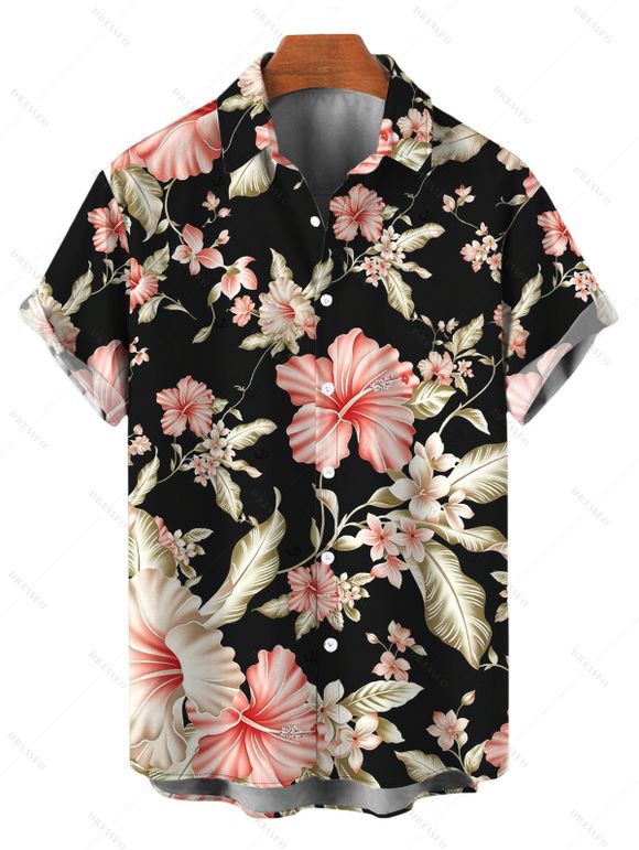 Hawaiian Vacation Couple Outfit Hibiscus Flower Leaf Print Lace Hollow Out Slit Dress and Shirt Set - Noir S | US 4