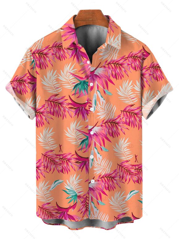 Hawaiian Vacation Couple Outfit Tropical Palm Leaf Print Self-belt Cold Shoulder High Low Dress and Shirt Set - orange clair S | US 4