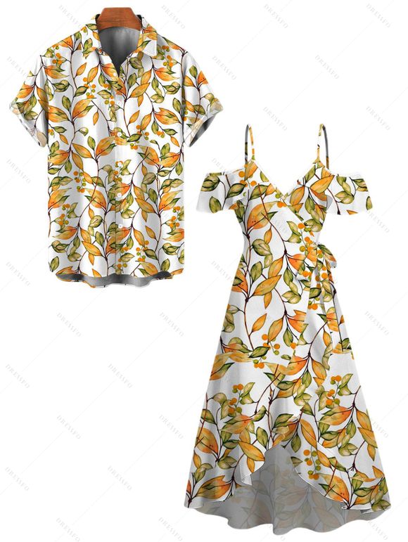 Hawaiian Vacation Couple Outfit Autumn Leaf Berry Vine Print Self-belt Cold Shoulder High Low Dress and Shirt Set - Brun Doré S | US 4