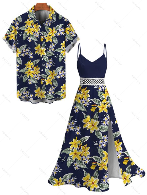 Hawaiian Vacation Couple Outfit Plumeria Floral Leaf Print Lace Hollow Out Slit Dress and Shirt Set - Bleu de Minuit S | US 4