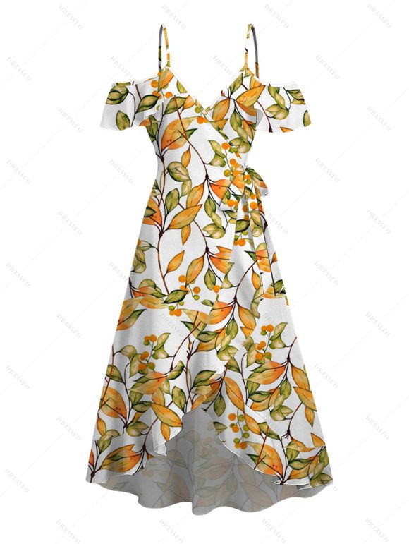 Hawaiian Vacation Couple Outfit Autumn Leaf Berry Vine Print Self-belt Cold Shoulder High Low Dress and Shirt Set - Brun Doré S | US 4