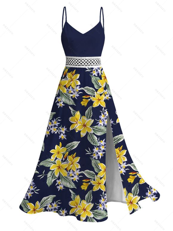 Hawaiian Vacation Couple Outfit Plumeria Floral Leaf Print Lace Hollow Out Slit Dress and Shirt Set - Bleu de Minuit S | US 4