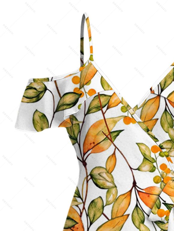 Hawaiian Vacation Couple Outfit Autumn Leaf Berry Vine Print Self-belt Cold Shoulder High Low Dress and Shirt Set - Brun Doré S | US 4