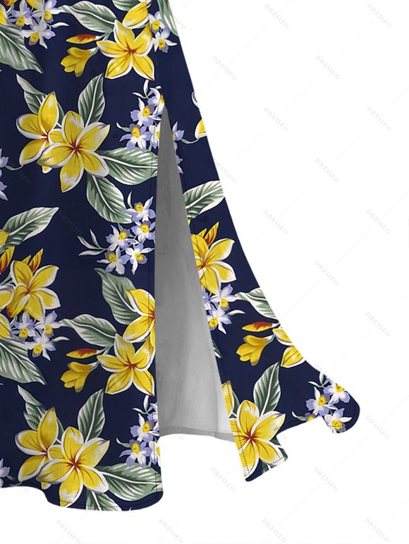 Hawaiian Vacation Couple Outfit Plumeria Floral Leaf Print Lace Hollow Out Slit Dress and Shirt Set - Bleu de Minuit S | US 4
