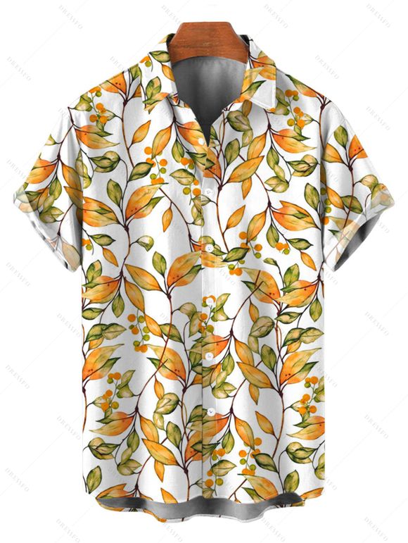 Hawaiian Vacation Couple Outfit Autumn Leaf Berry Vine Print Self-belt Cold Shoulder High Low Dress and Shirt Set - Brun Doré S | US 4