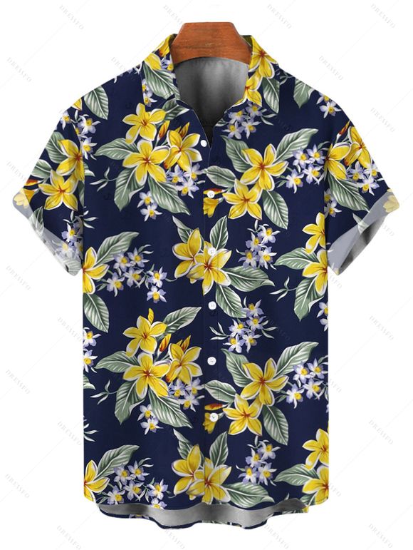 Hawaiian Vacation Couple Outfit Plumeria Floral Leaf Print Lace Hollow Out Slit Dress and Shirt Set - Bleu de Minuit S | US 4