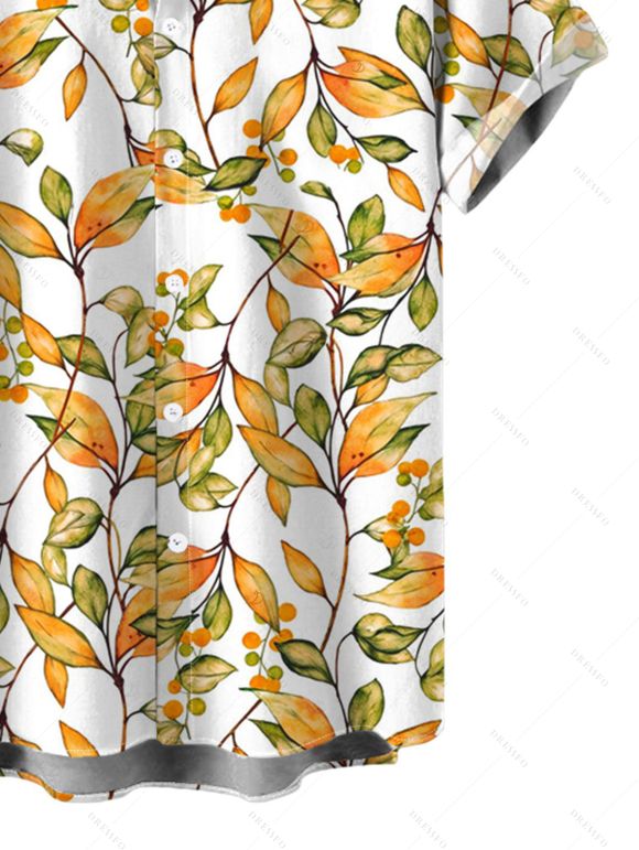 Hawaiian Vacation Couple Outfit Autumn Leaf Berry Vine Print Self-belt Cold Shoulder High Low Dress and Shirt Set - Brun Doré S | US 4