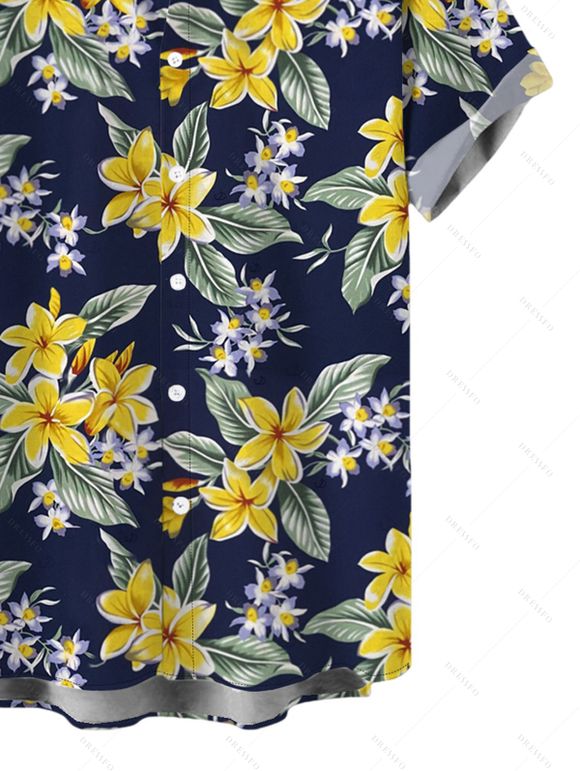 Hawaiian Vacation Couple Outfit Plumeria Floral Leaf Print Lace Hollow Out Slit Dress and Shirt Set - Bleu de Minuit S | US 4