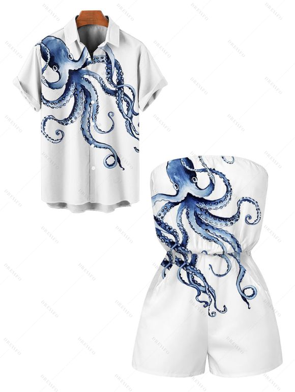 Hawaiian Vacation Couple Outfit Octopus Marine Life Print Pocket Off the Shoulder Romper and Shirt Set - Blanc S | US 4