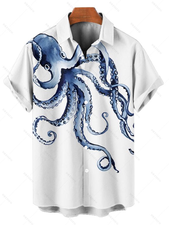 Hawaiian Vacation Couple Outfit Octopus Marine Life Print Pocket Off the Shoulder Romper and Shirt Set - Blanc S | US 4