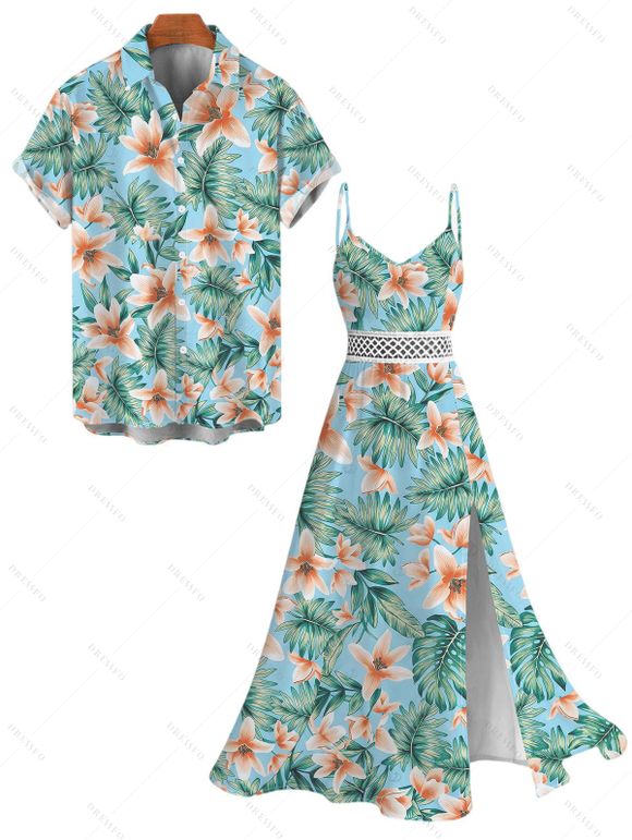 Hawaiian Vacation Couple Outfit Tropical Flower Leaf Print Lace Hollow Out Spaghetti Strap Slit Dress and Shirt Set - Turquoise S | US 4