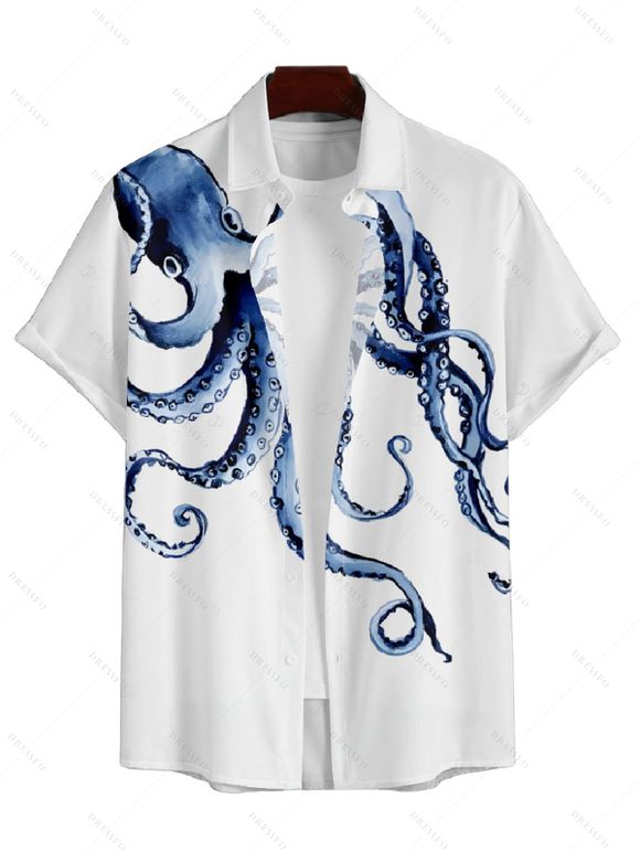 Hawaiian Vacation Couple Outfit Octopus Marine Life Print Pocket Off the Shoulder Romper and Shirt Set - Blanc S | US 4