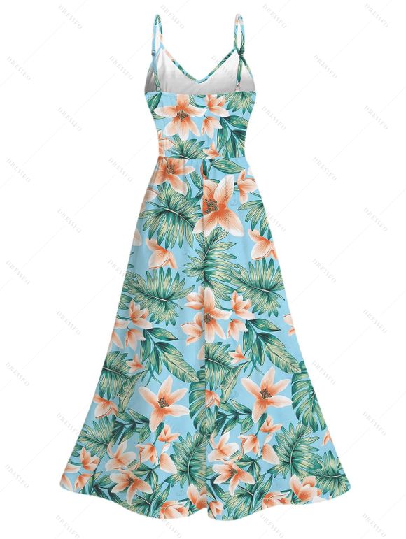 Hawaiian Vacation Couple Outfit Tropical Flower Leaf Print Lace Hollow Out Spaghetti Strap Slit Dress and Shirt Set - Turquoise S | US 4